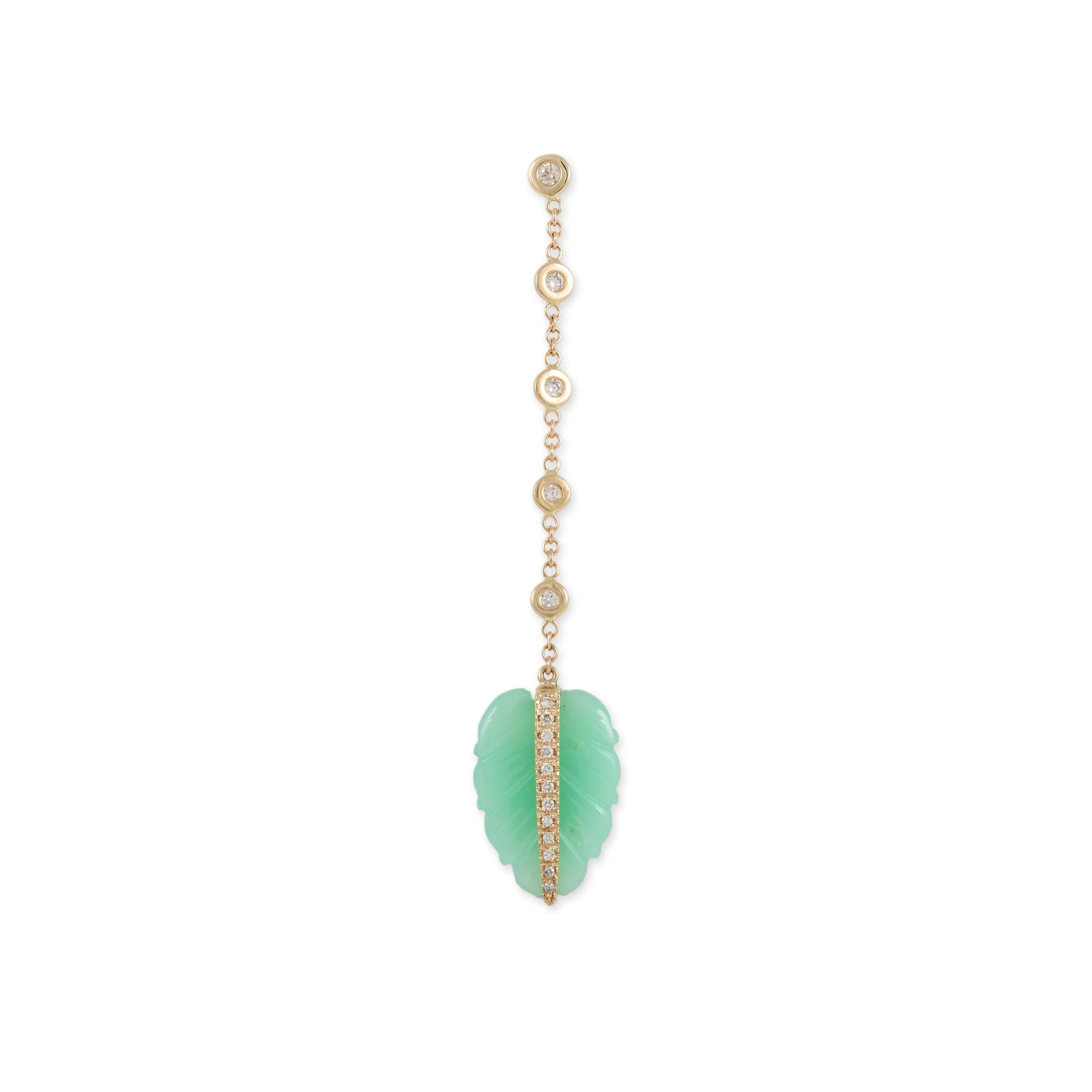 Jacquie Aiche Pave Chrysoprase Leaf 5 Diamond Drop Stud Earring