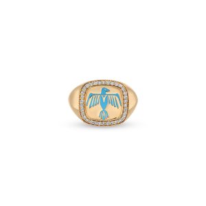 Jacquie Aiche Pave Turquoise Enamel Thunderbird Crest Signet Ring
