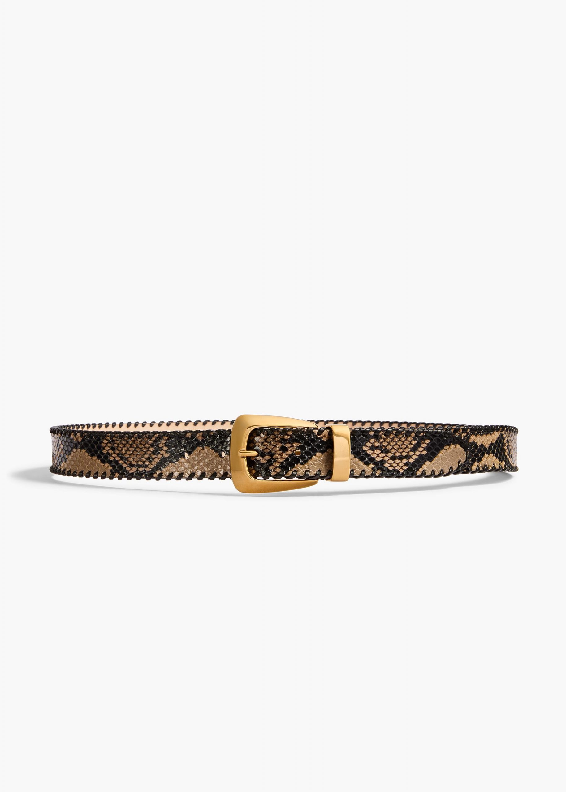 Khaite Benny Belt with Whipstitch in Python-Embossed Taupe and Gold