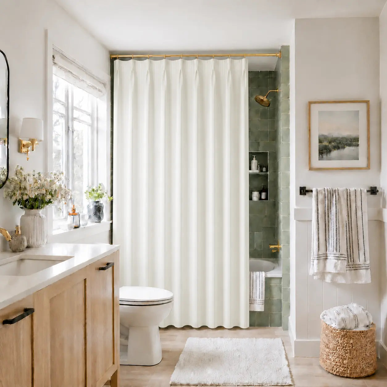 TWOPAGES Heck Solid Waterproof Shower Curtain Pleated