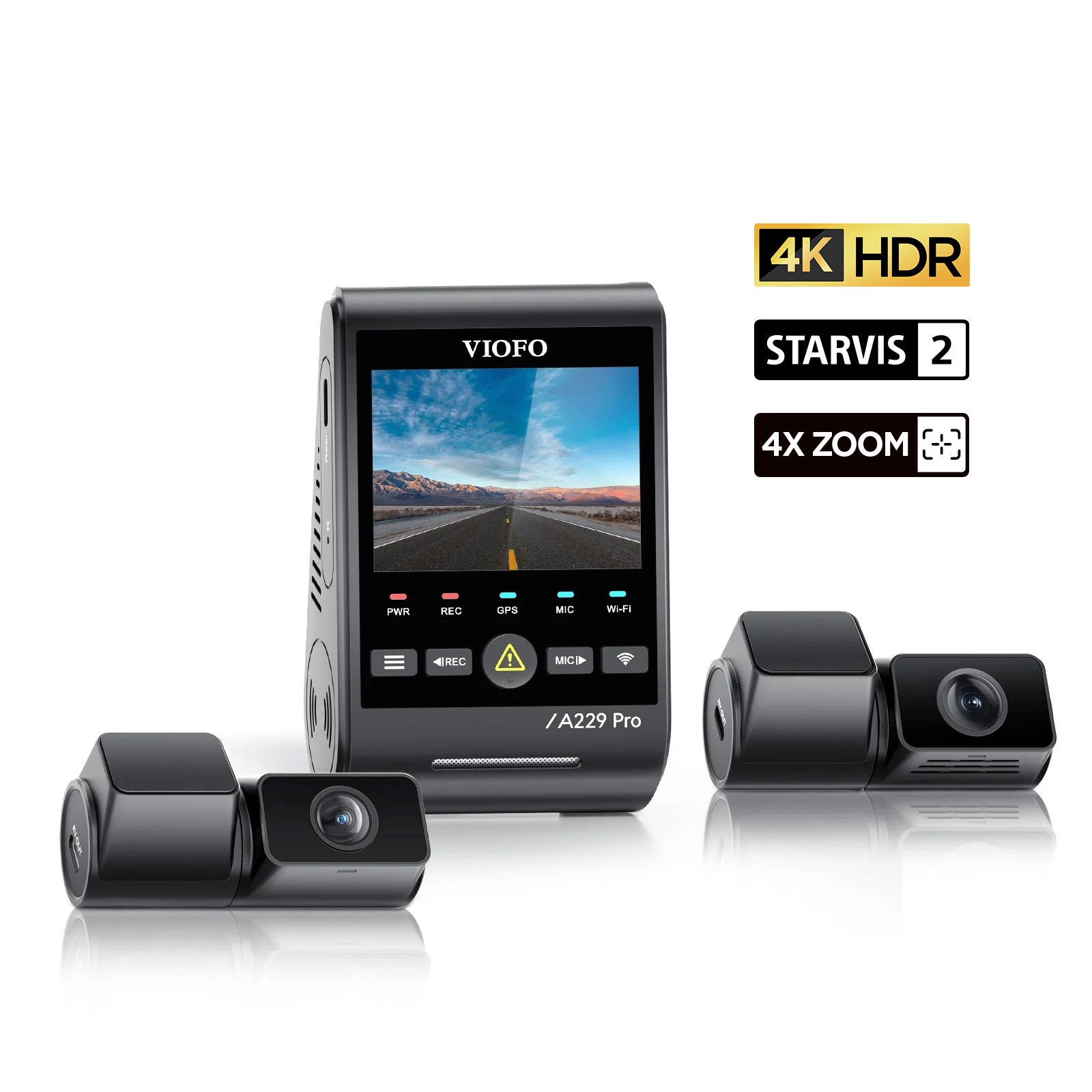 VIOFO A229 Pro Tele 3CH Dash Cam - 4K+2K 4x Optical Zoom+1080P, STARVIS 2 HDR