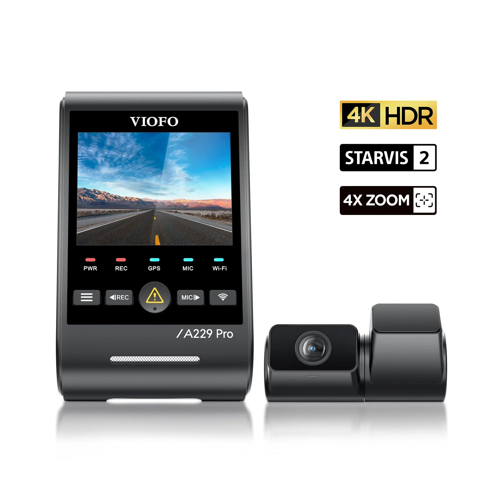 VIOFO A229 Pro Tele 2CH Dash Cam - 4K+2K Telephoto 4x Optical Zoom Telephoto Cam with STAR