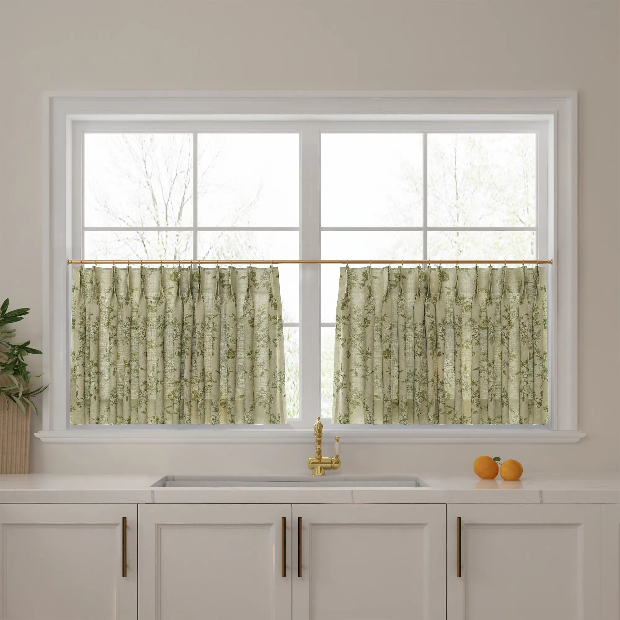 TWOPAGES Sarale Collection Vintage Linen Pinch Pleated Print Cafe Curtains - Unlined (Set