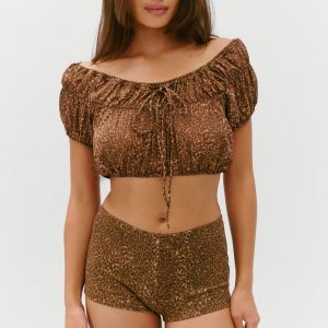 Frankies Bikinis Paulina Cropped Blouse - Vintage Cheetah
