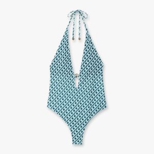 Casablanca Green Cubist CC Monogram Plunge Swimsuit