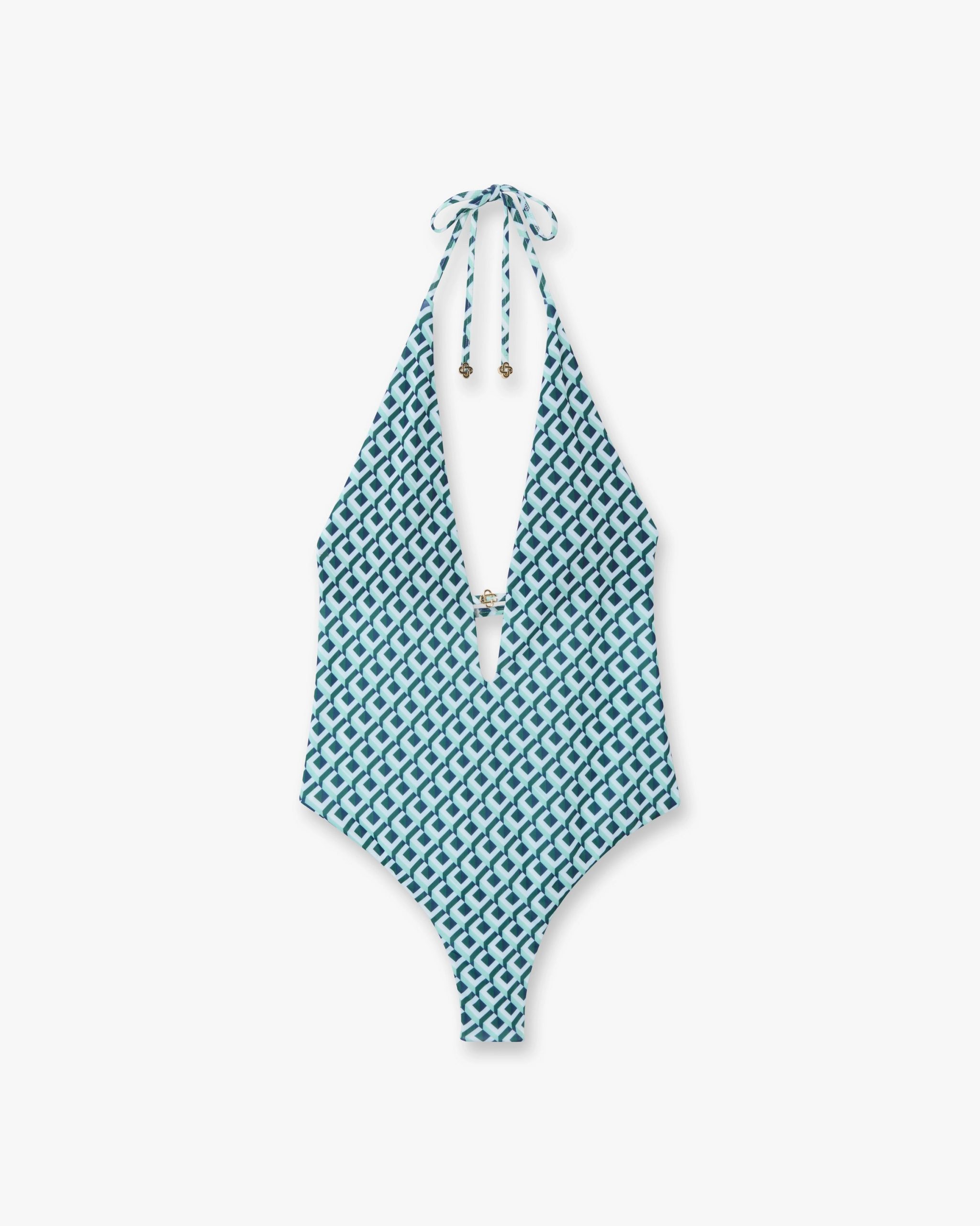 Casablanca Green Cubist CC Monogram Plunge Swimsuit