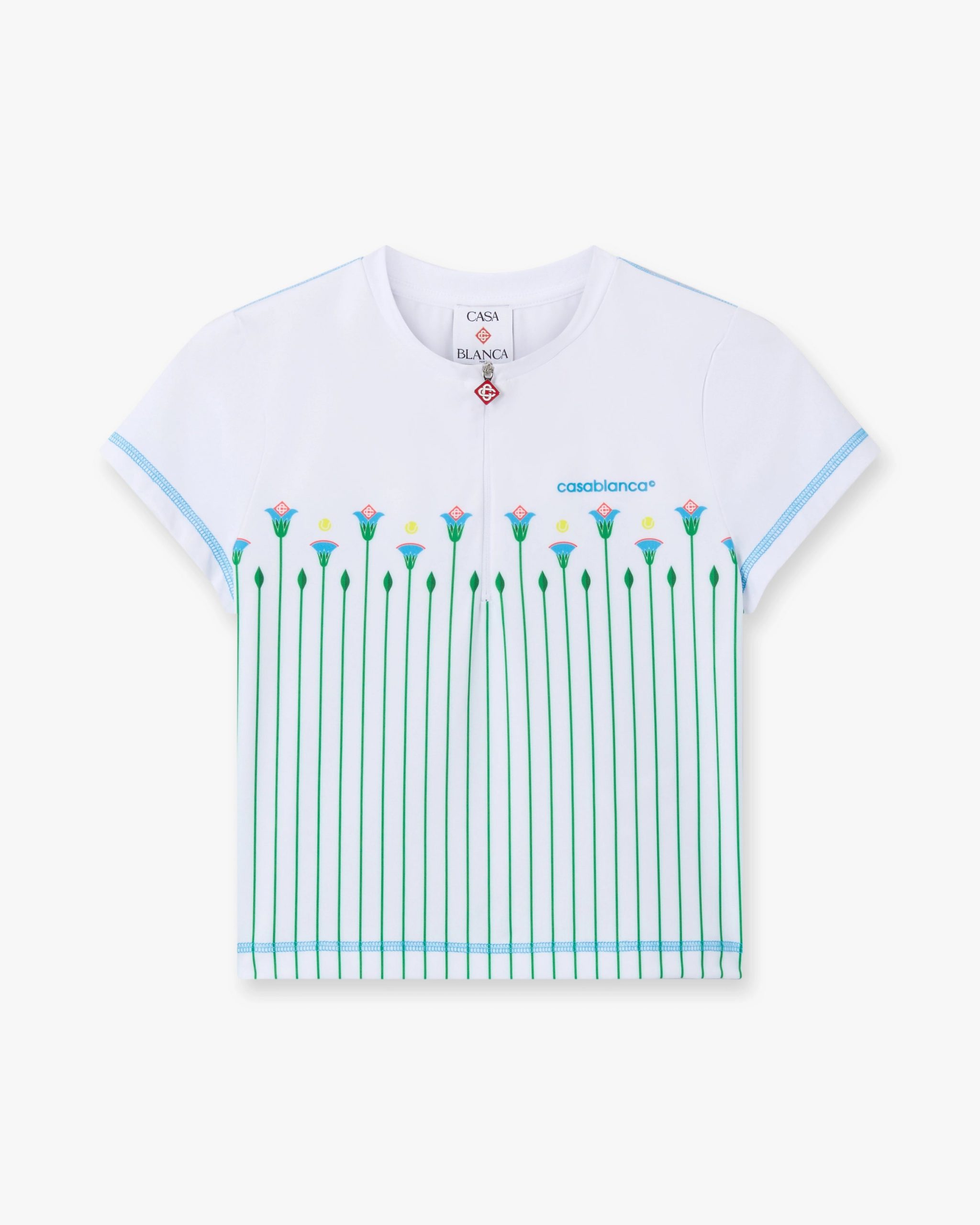 Casablanca White Floral Stripe Sporty Quarter Zip Tennis Top