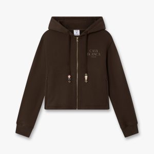 Casablanca Dark Brown Cropped Zip-Up Hooded Sweatshirt