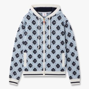 Casablanca Blue Merino Monogram Zip-Up Hooded Sweatshirt