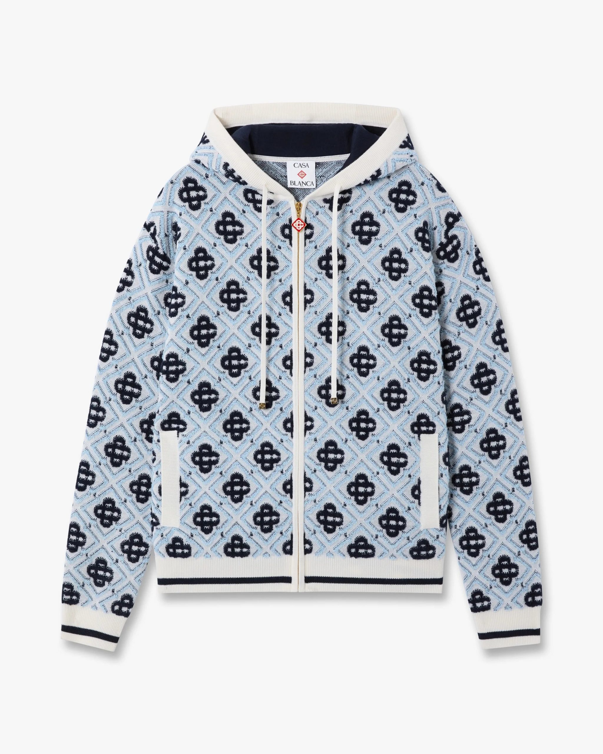 Casablanca Blue Merino Monogram Zip-Up Hooded Sweatshirt