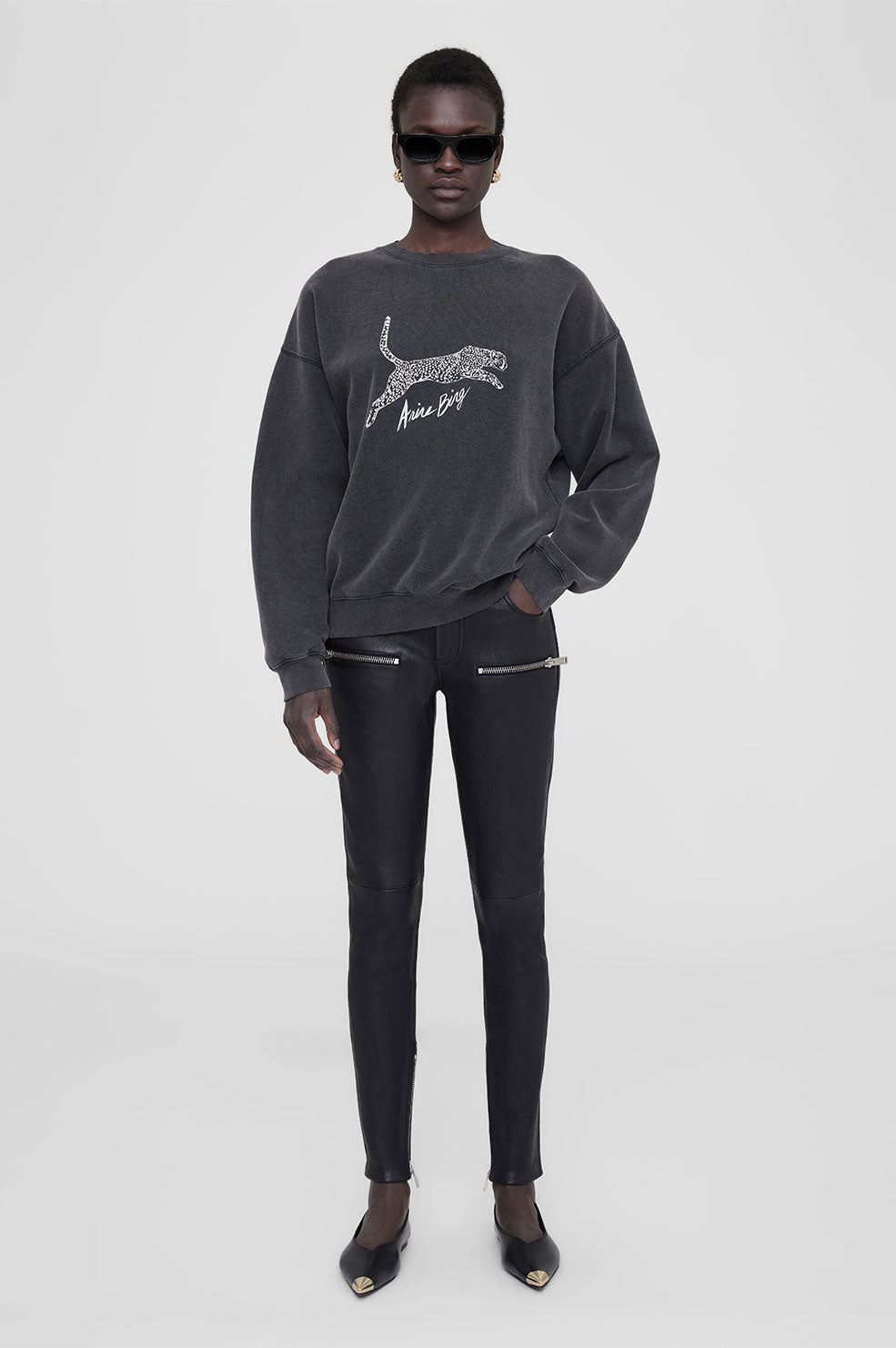 Anine Bing Spencer Sweatshirt Spotted Leopard - Washed Black