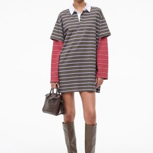 Staud IVAR DRESS | PINE STRIPE BURGUNDY STRIPE