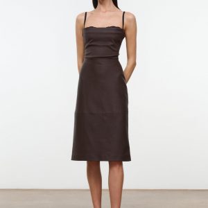Staud EVANGELINE LEATHER MIDI DRESS | EARTH