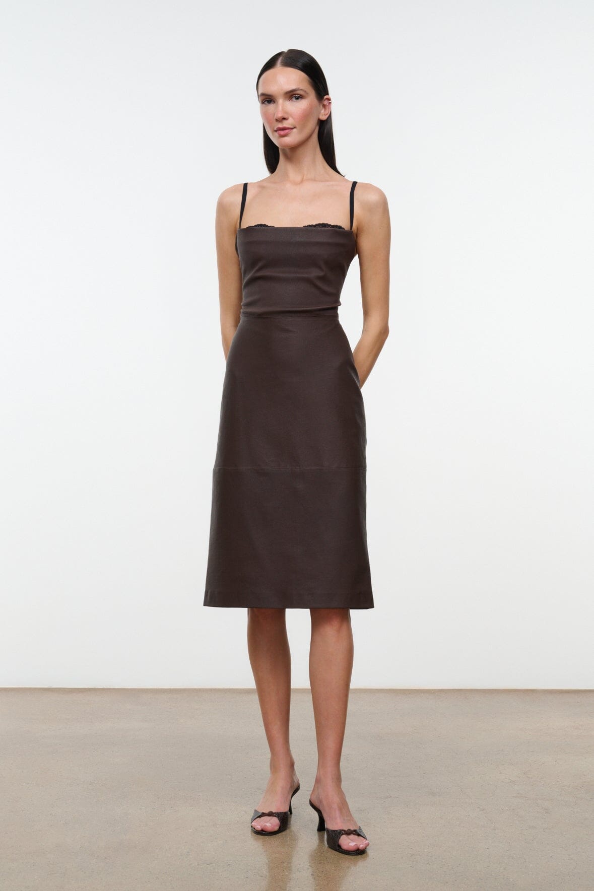 Staud EVANGELINE LEATHER MIDI DRESS | EARTH