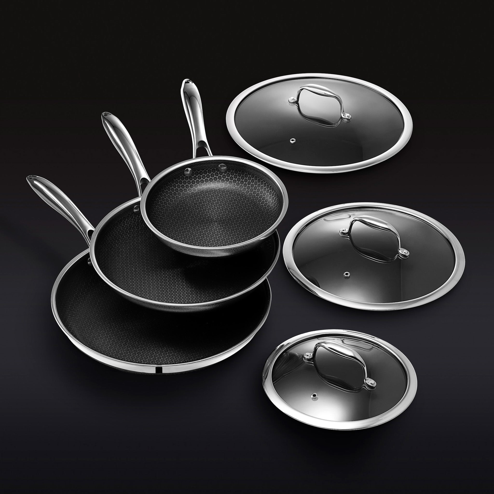 HexClad Hybrid Fry Pan Set with Lids, 6-pc