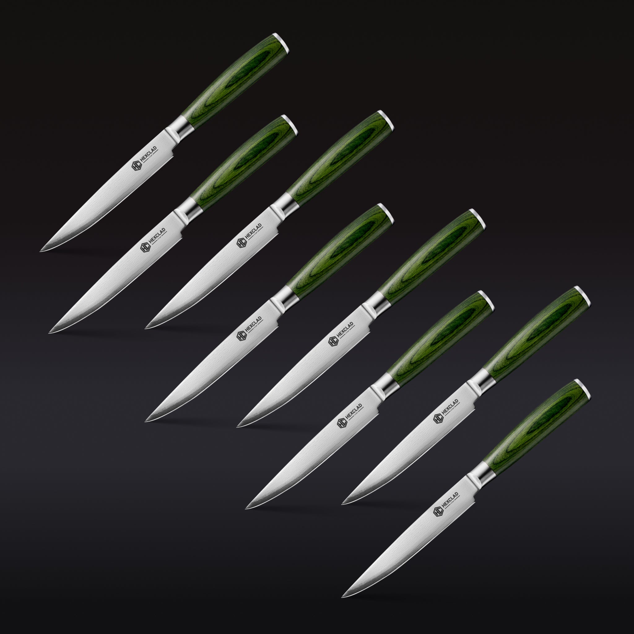 HexClad Damascus Steel Steak Knife Set, 8-pc (Green)