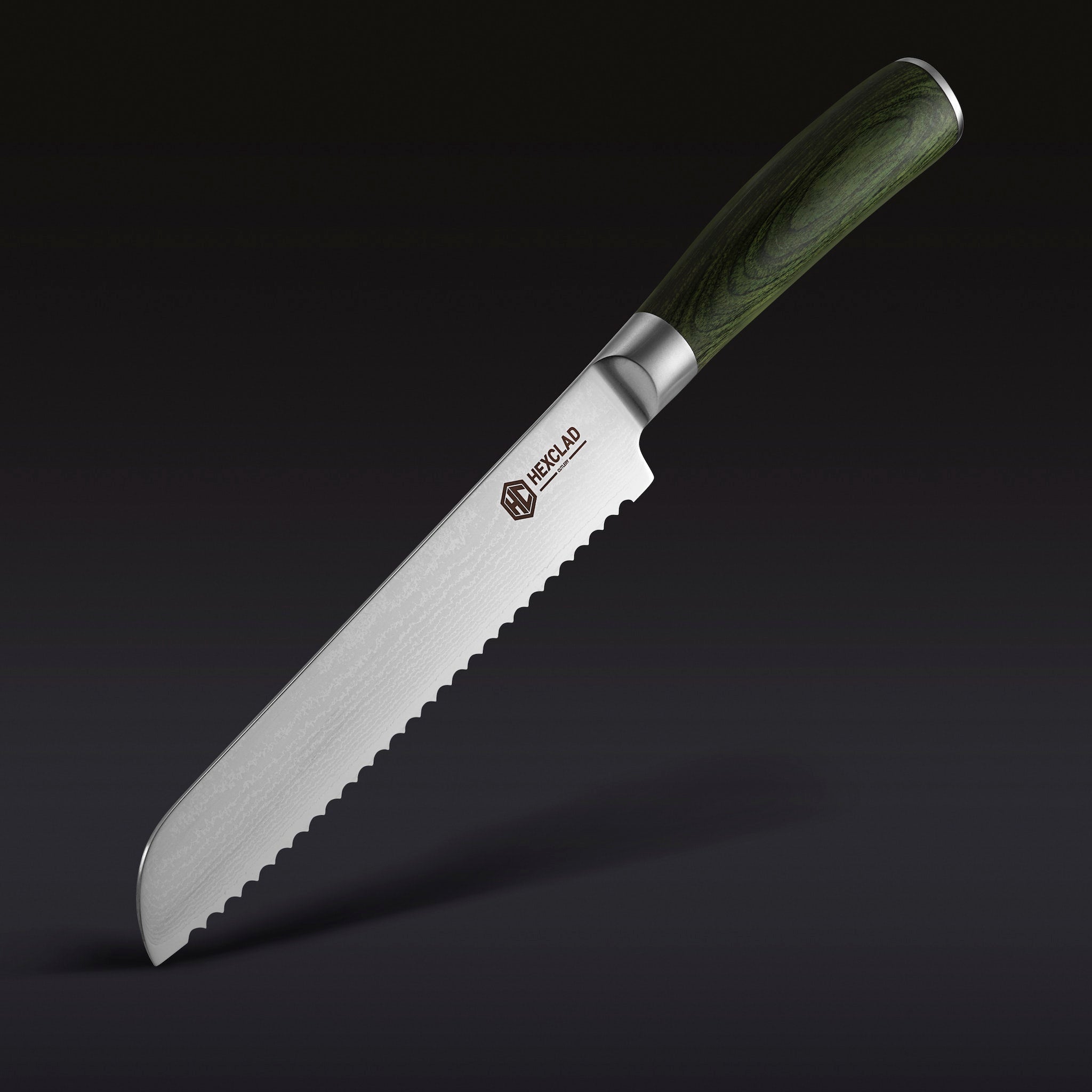 HexClad Damascus Steel Serrated Bread Knife, 8" (Green)
