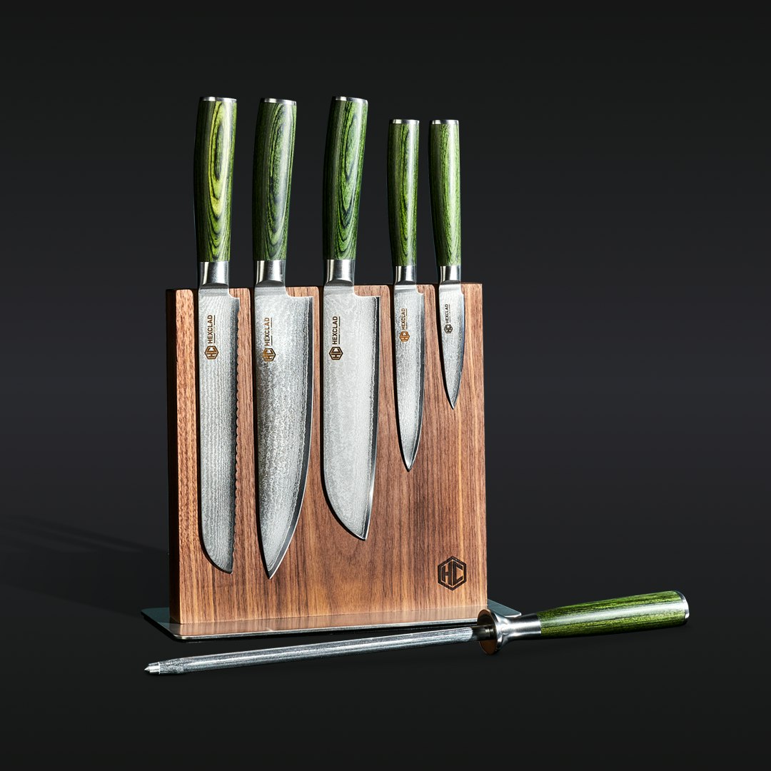 HexClad Damascus Steel Knife Set, 7-pc (Green)