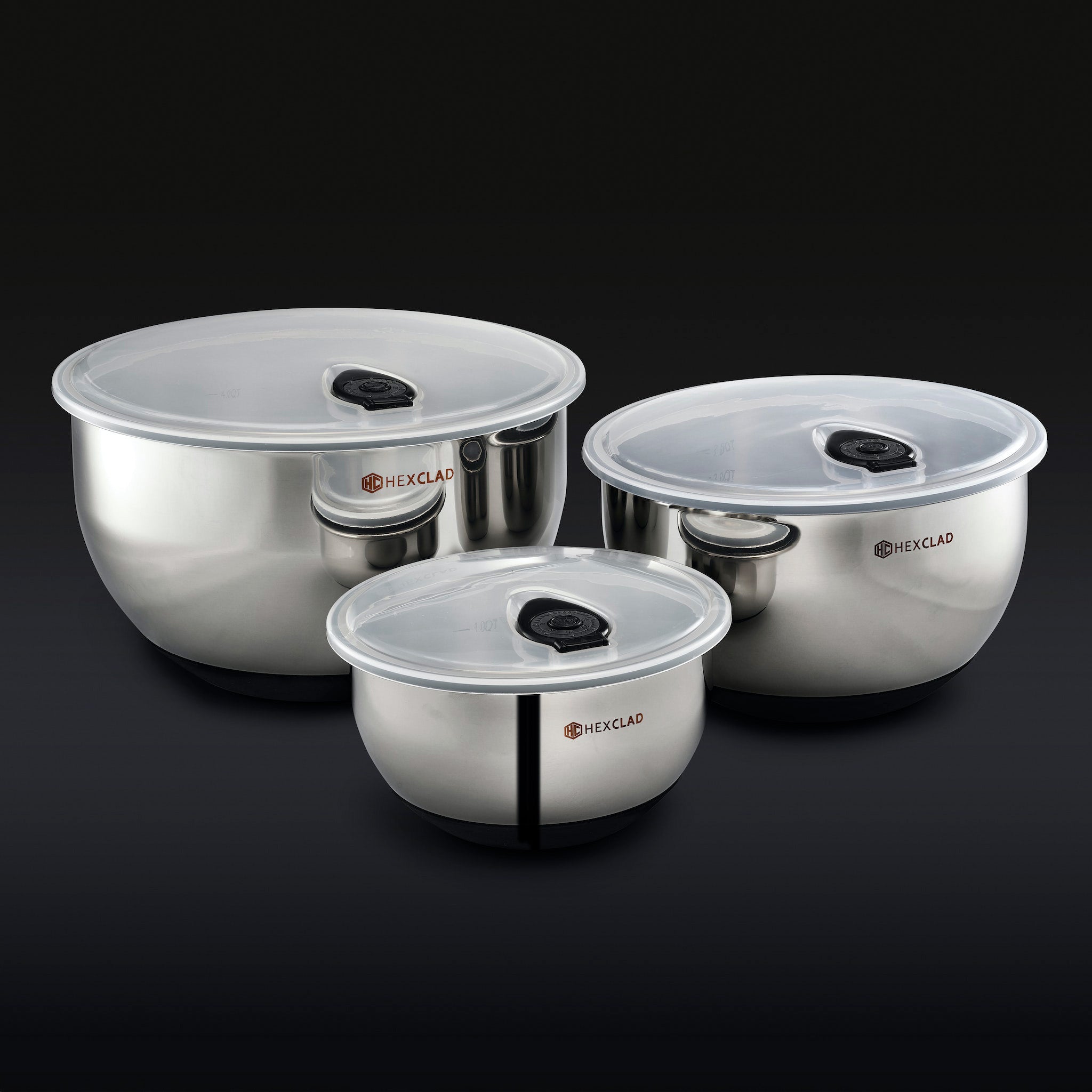 HexClad Stainless Mixing Bowl Set with Vacuum Seal Lids, 6-pc