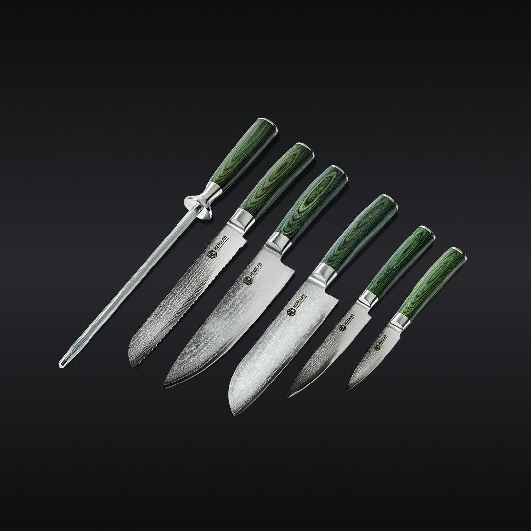HexClad Essential Damascus Steel Knife Set, 6-pc (Green)