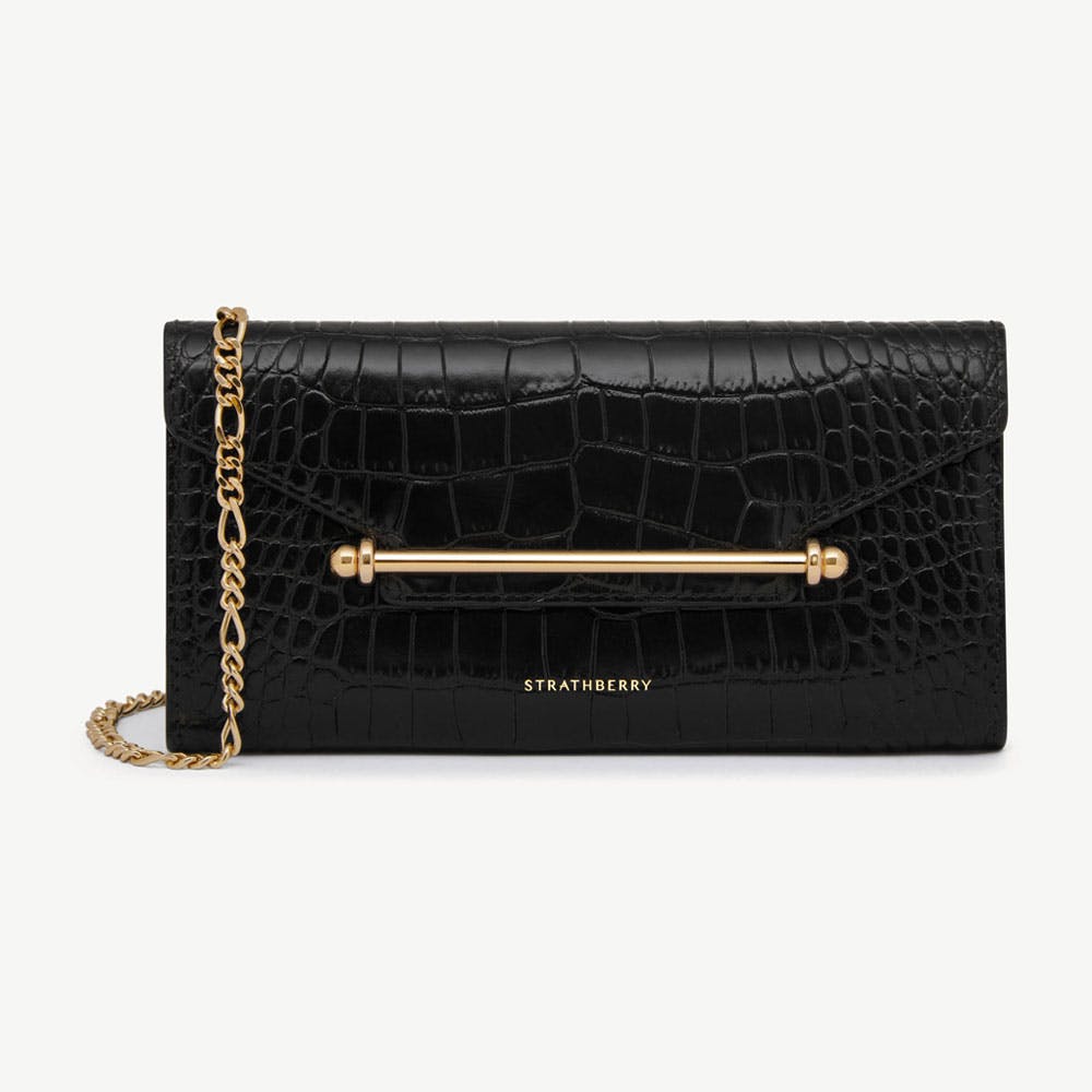 Strathberry Multrees Chain Wallet - Croc-Embossed Leather Black