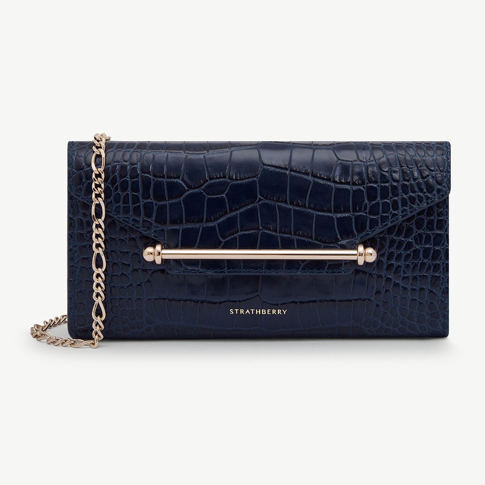 Strathberry Multrees Chain Wallet - Croc-Embossed Leather Navy