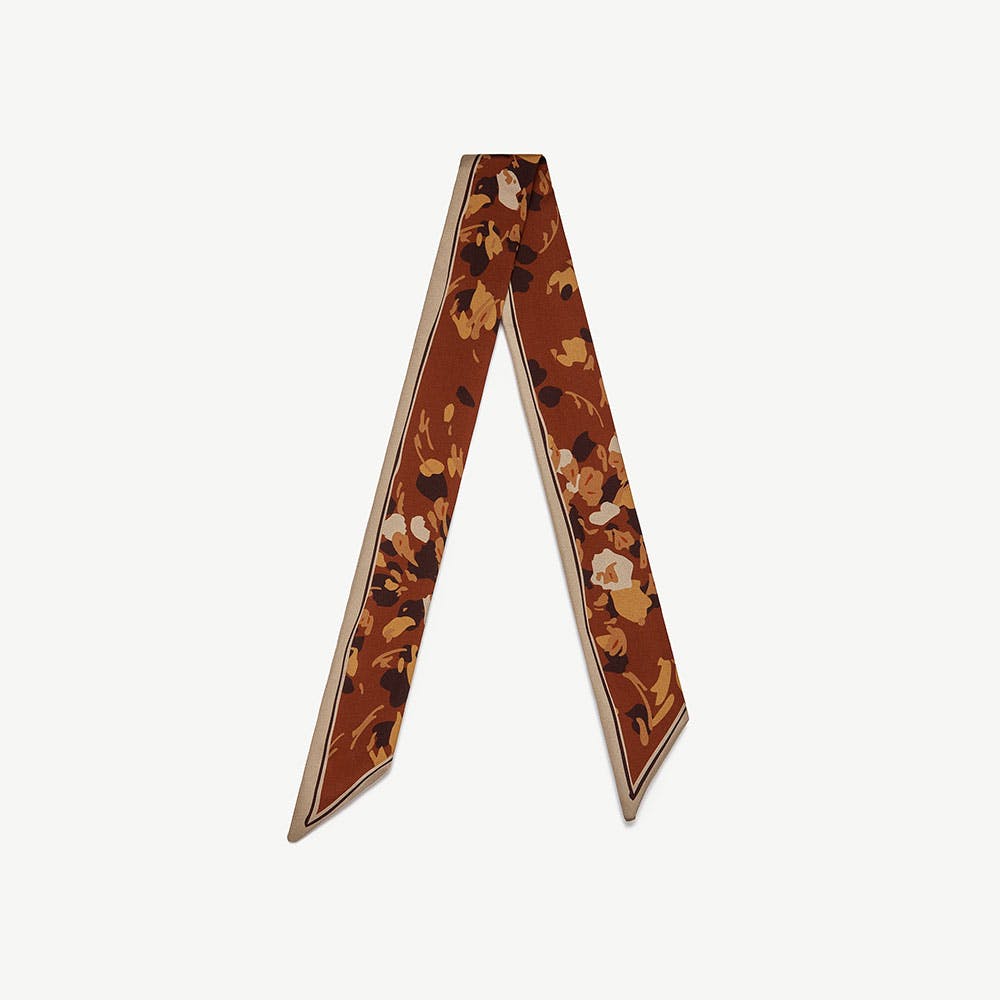 Strathberry Silk Skinny Scarf - Sand/Oxblood Pop Flowers