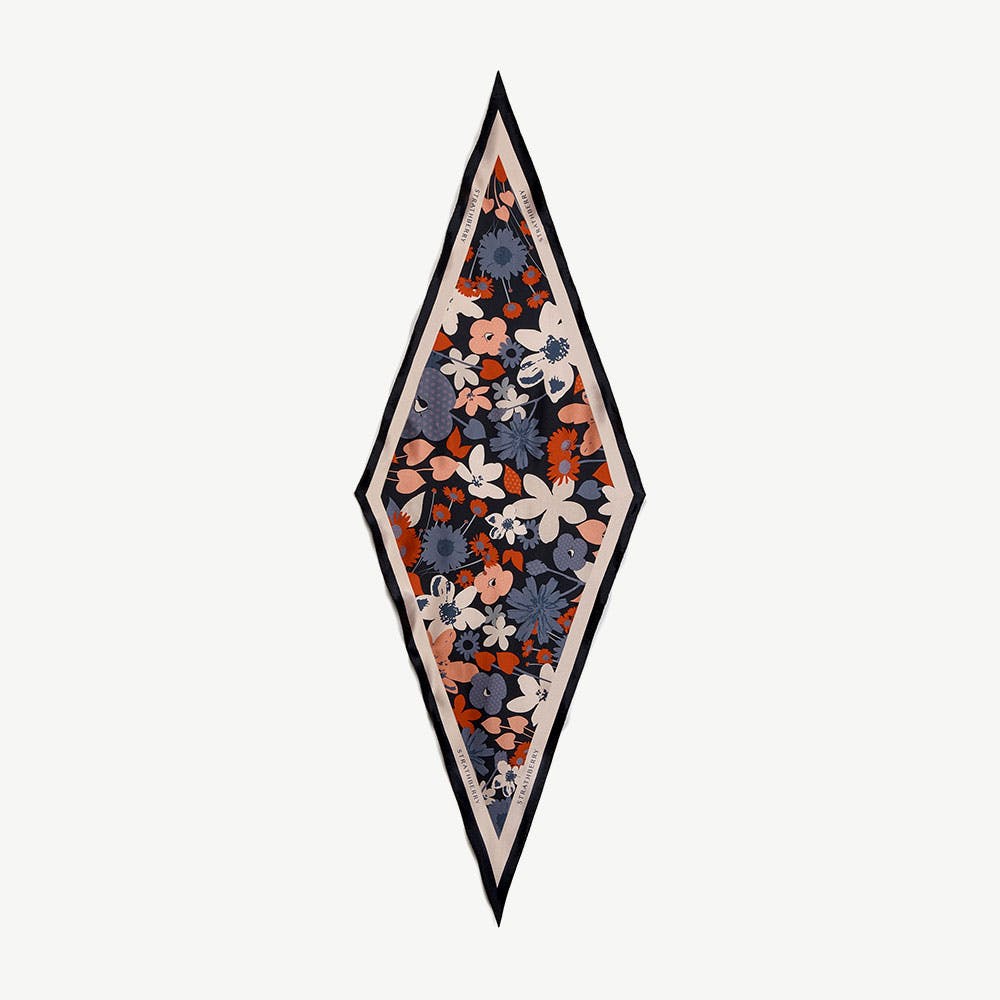 Strathberry Silk Diamond Scarf - Navy/Red Block Floral
