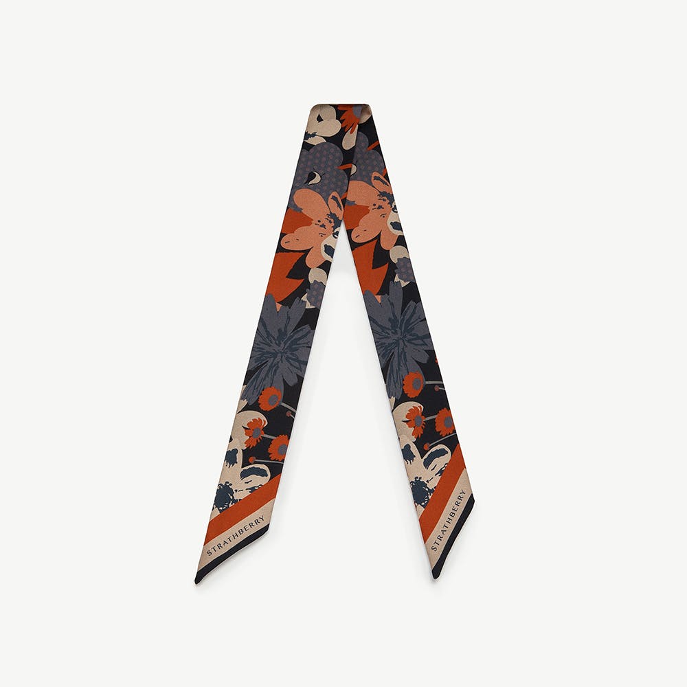 Strathberry Silk Skinny Scarf - Navy/Red Block Floral
