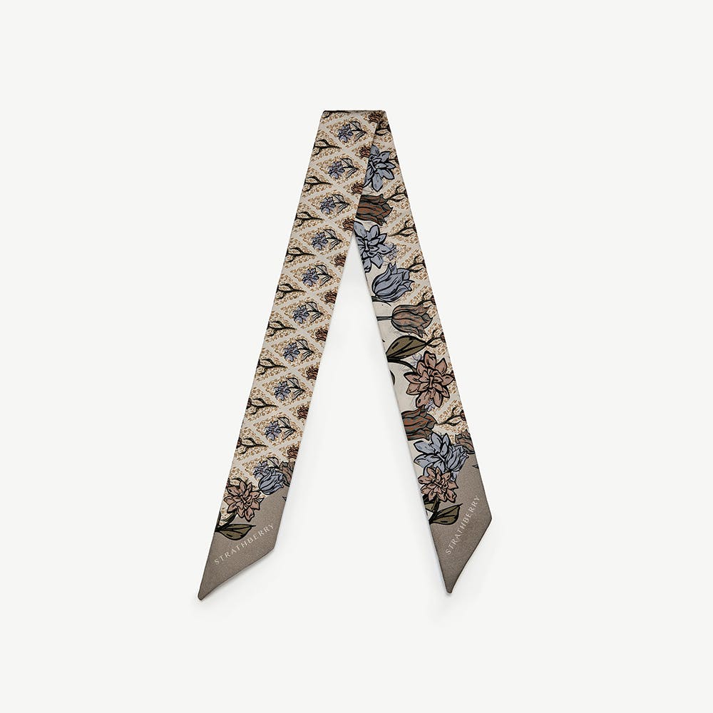 Strathberry Silk Skinny Scarf - Light Taupe Wallpaper Flowers