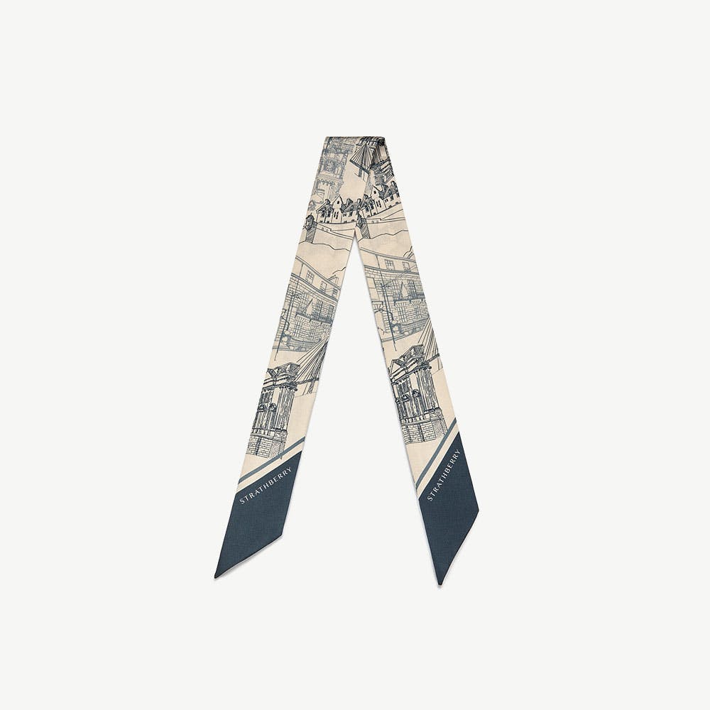 Strathberry Silk Skinny Scarf - Loch Blue/Vanilla Edinburgh Architecture