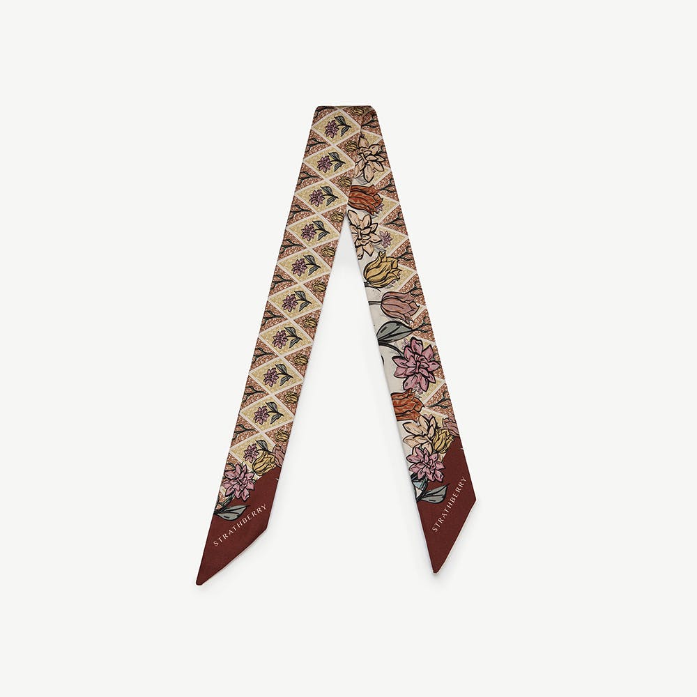 Strathberry Silk Skinny Scarf - Oxblood/Red Wallpaper Flowers
