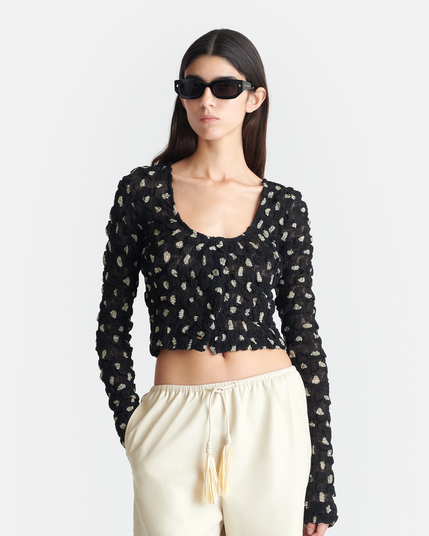 Nanushka Jylan - Cropped Seersucker Tech Chiffon Top - Polka