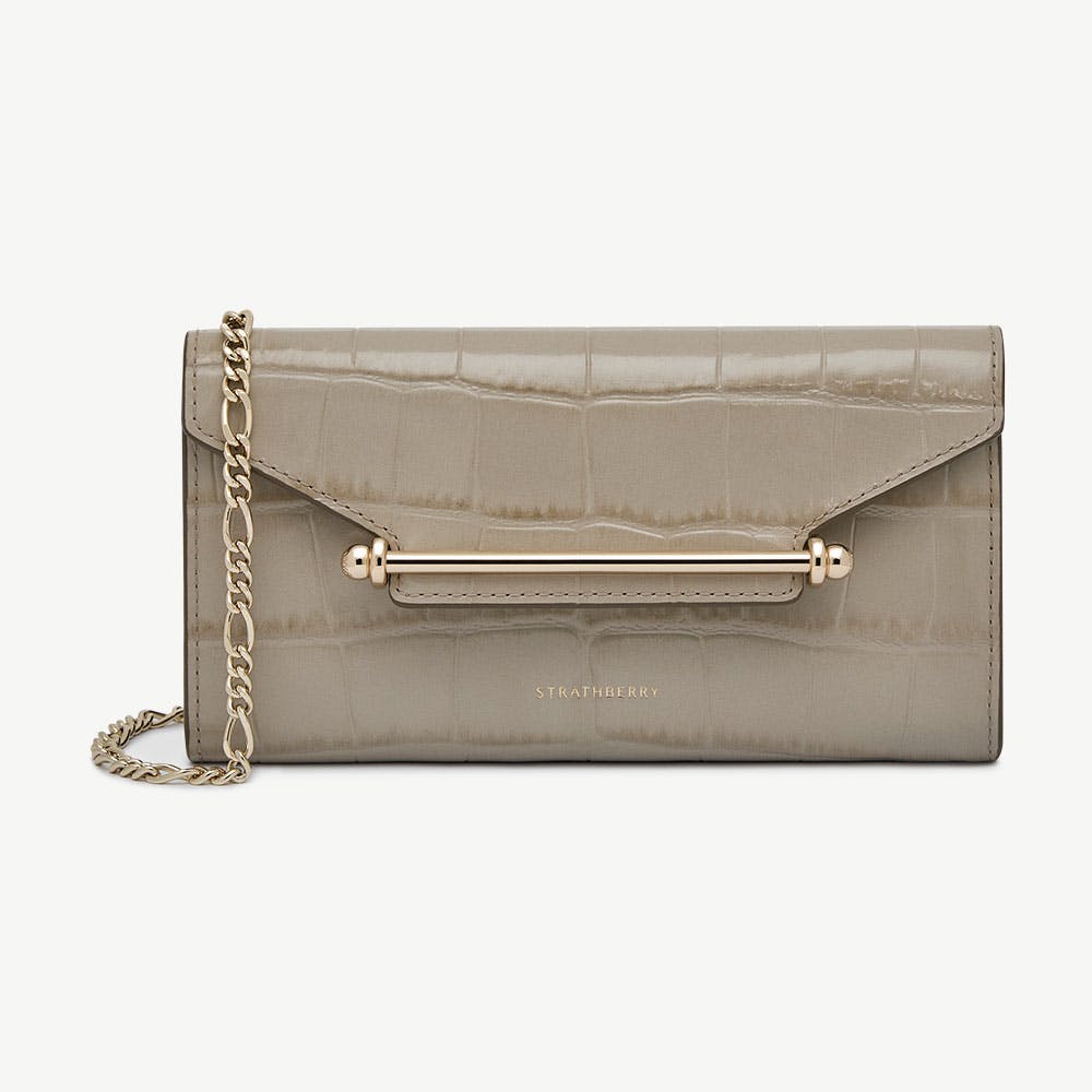 Strathberry Multrees Chain Wallet - Croc-Embossed Leather Light Taupe