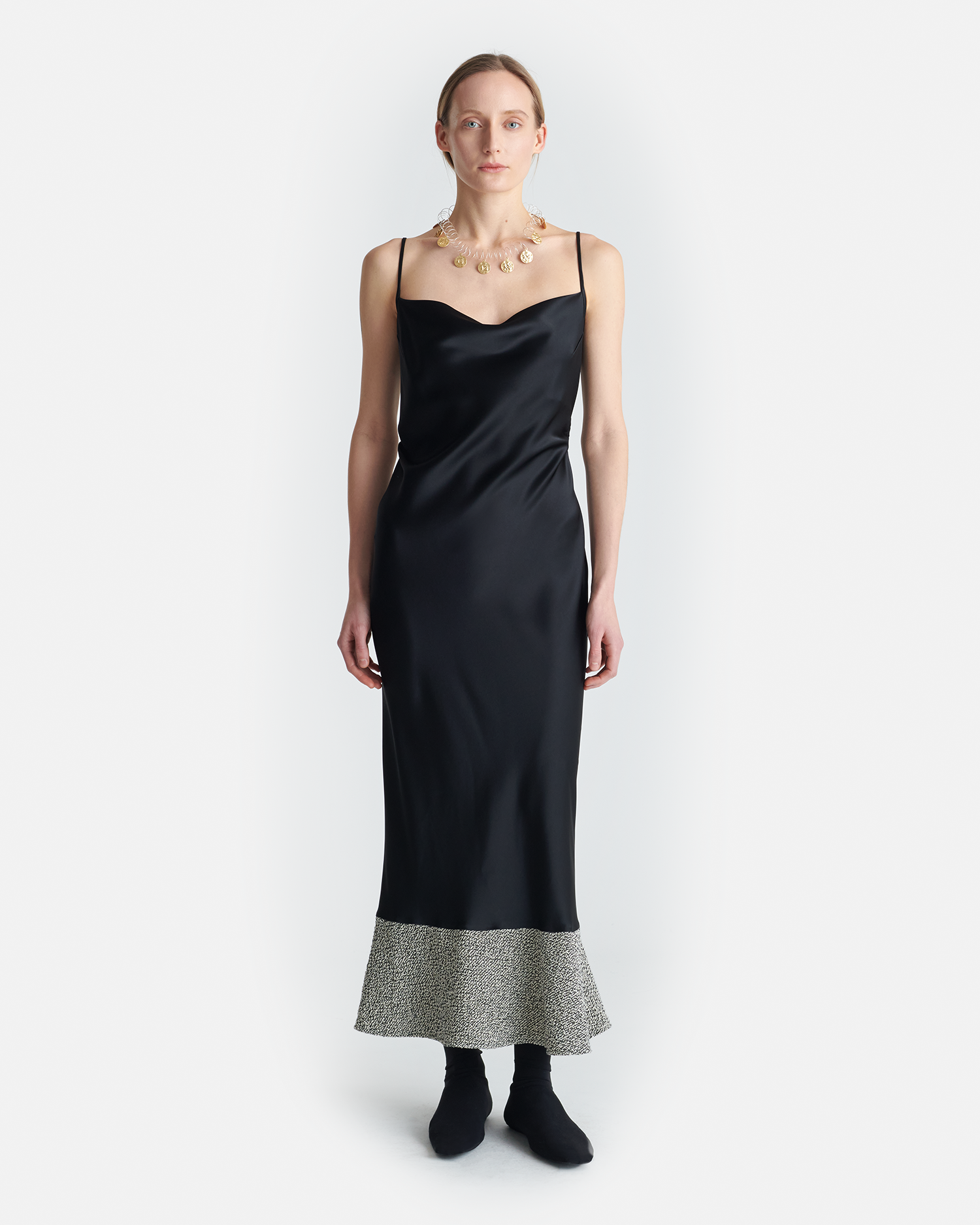 Nanushka Ineke - Slip Satin and Loopback Cotton Dress - Black/Mouline