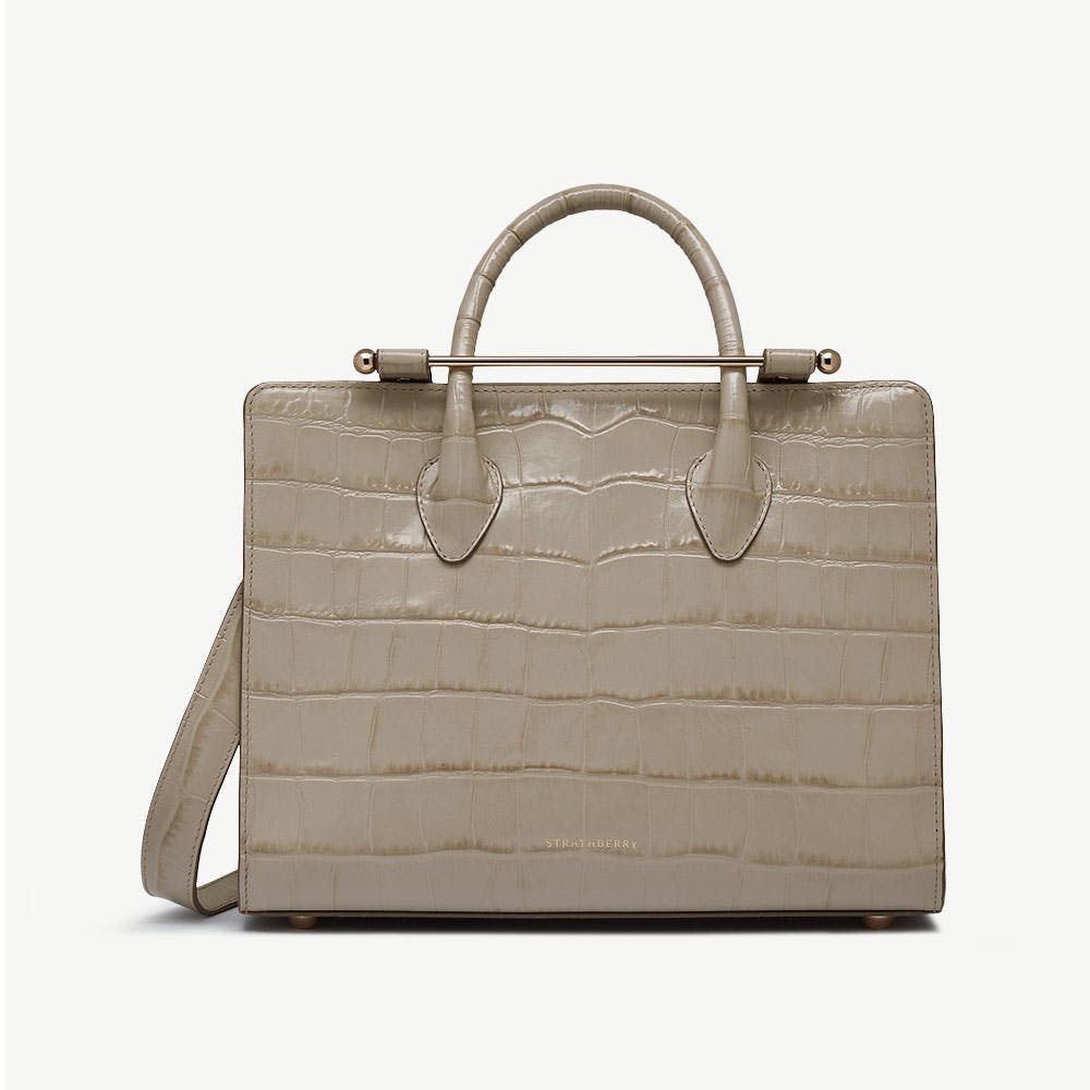 Strathberry Midi Tote - Croc-Embossed Leather Light Taupe