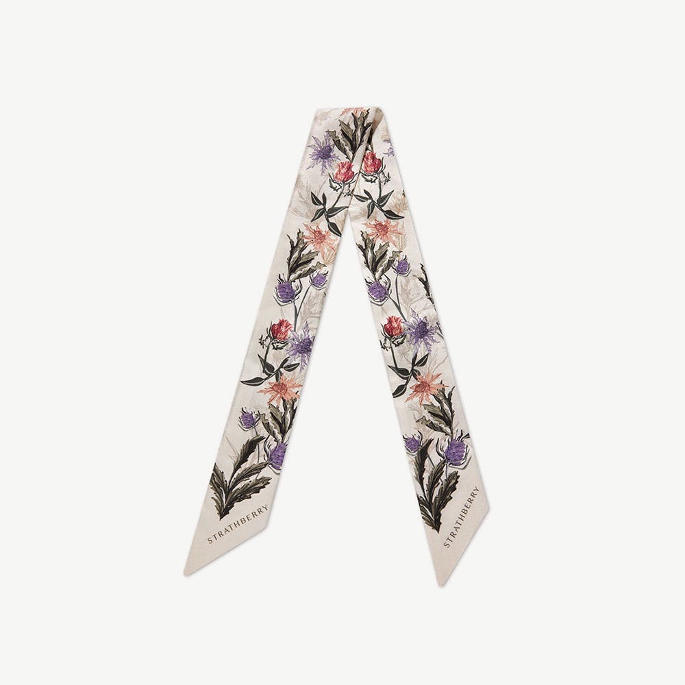 Strathberry Silk Skinny Scarf - Vanilla/Forest Green Thistle Print