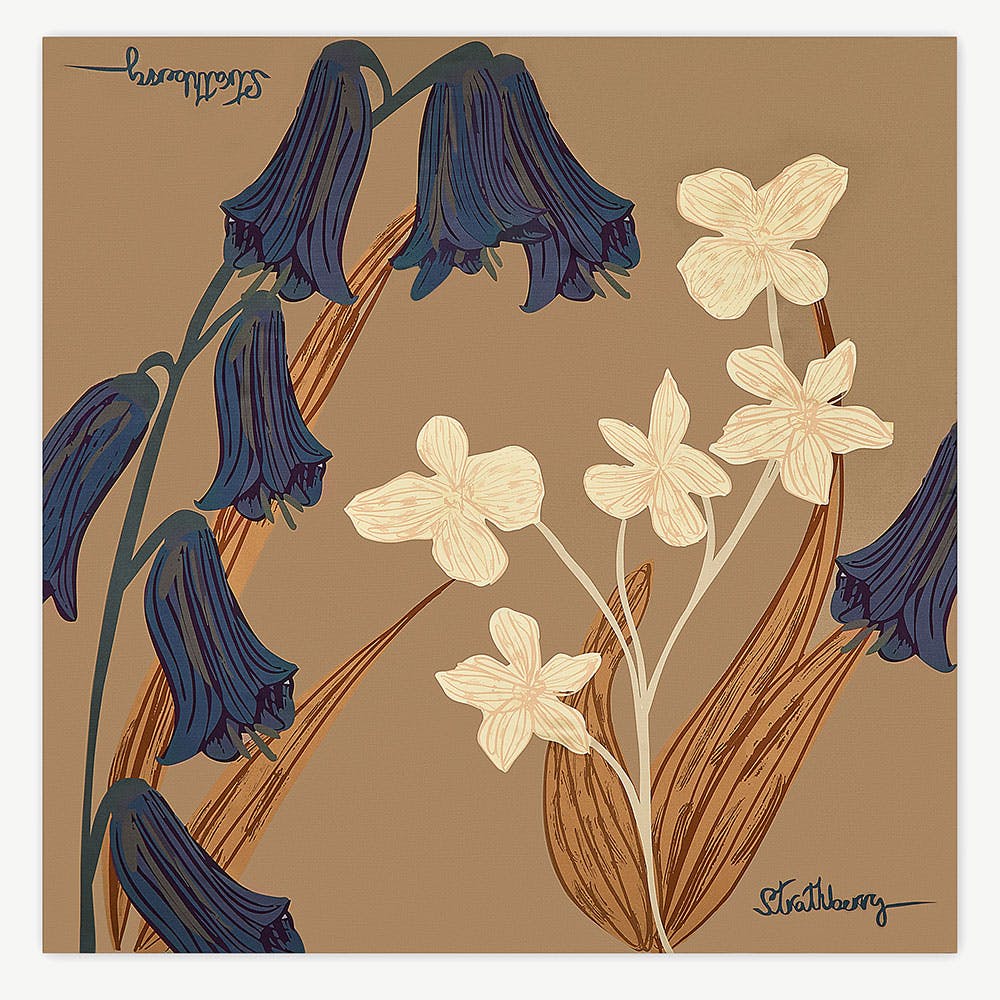 Strathberry Silk Square Scarf - Cognac/Butter Yellow Bluebell Floral Print