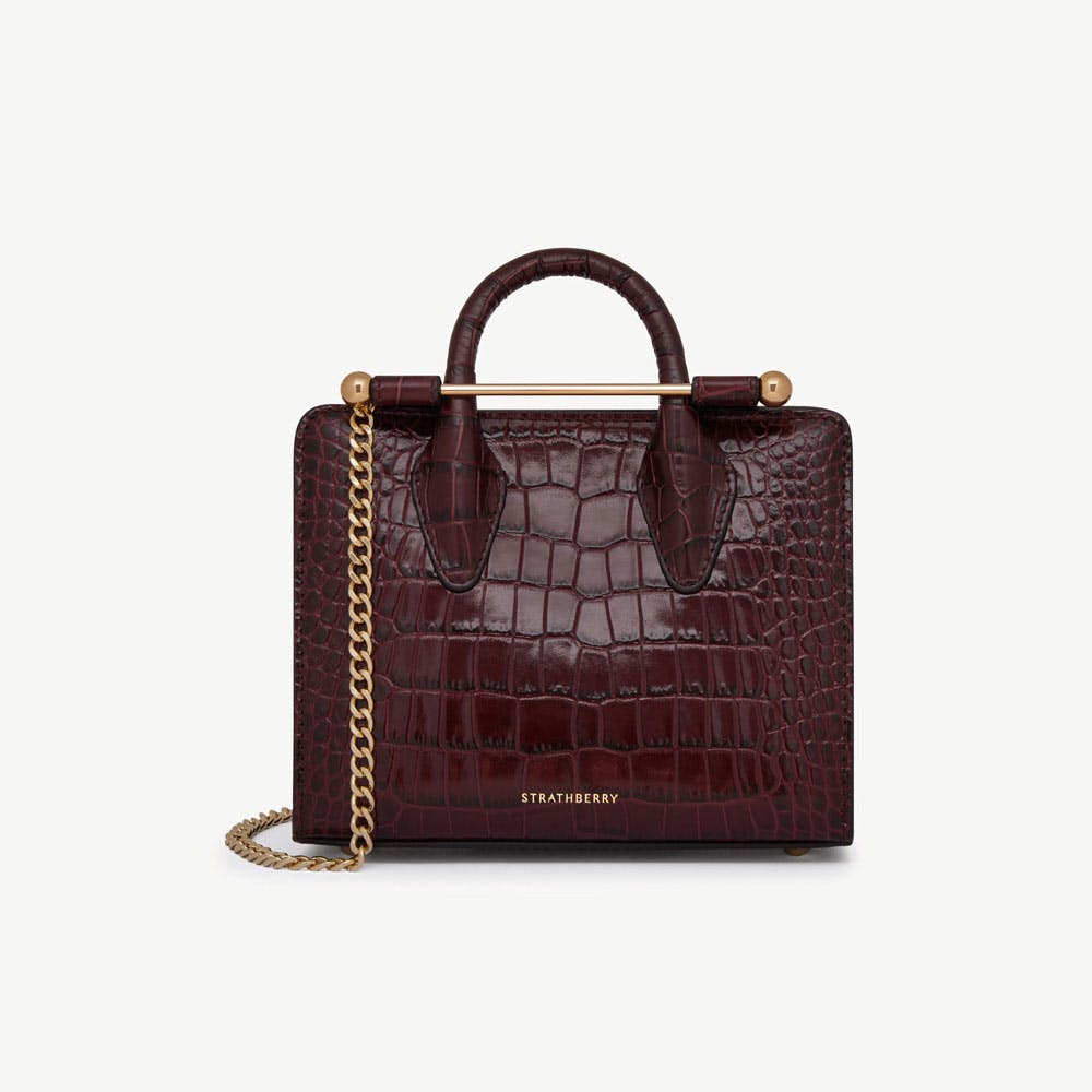 Strathberry Nano Tote - Croc-Embossed Leather Burgundy