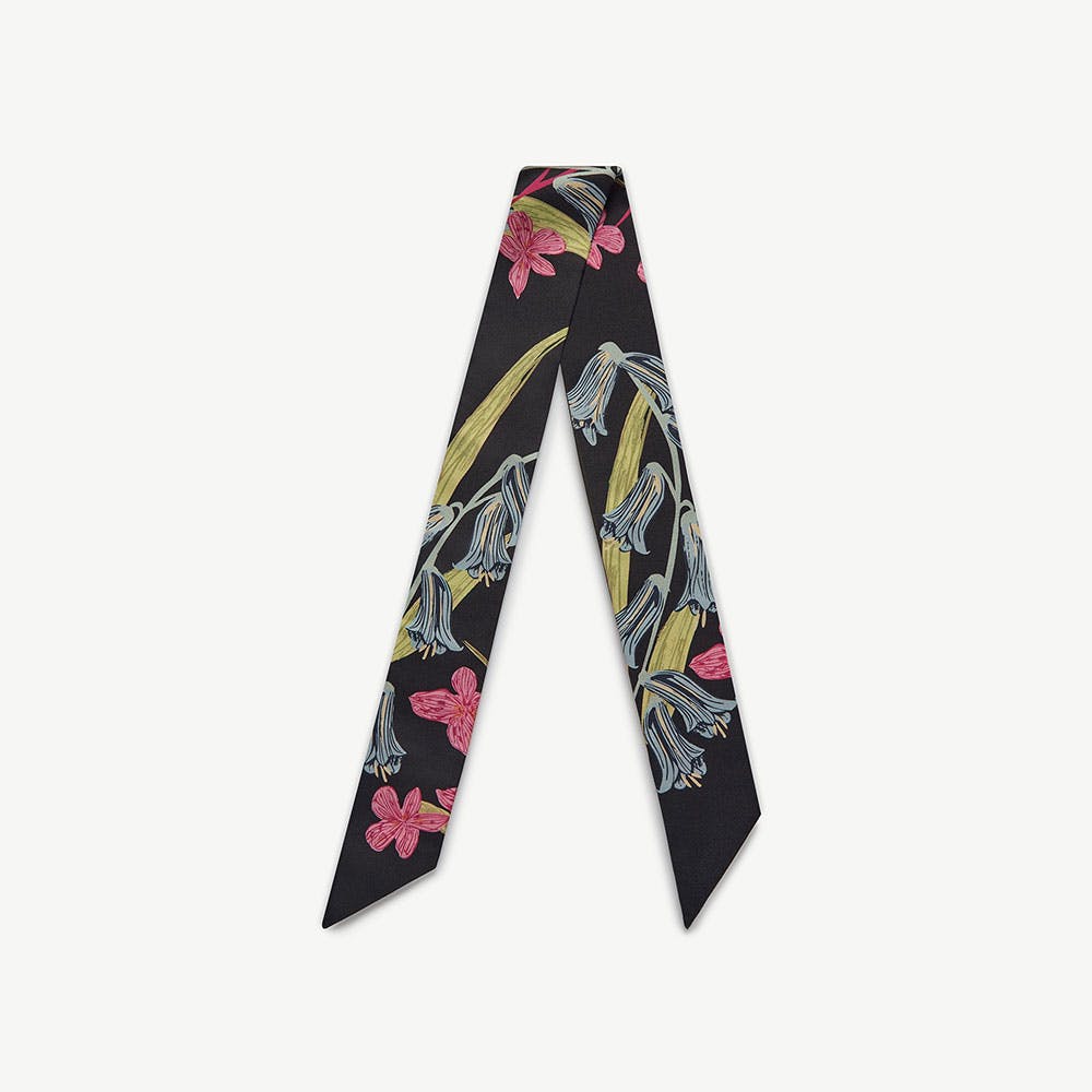Strathberry Silk Skinny Scarf - Black/Blue/Pink Bluebell Floral