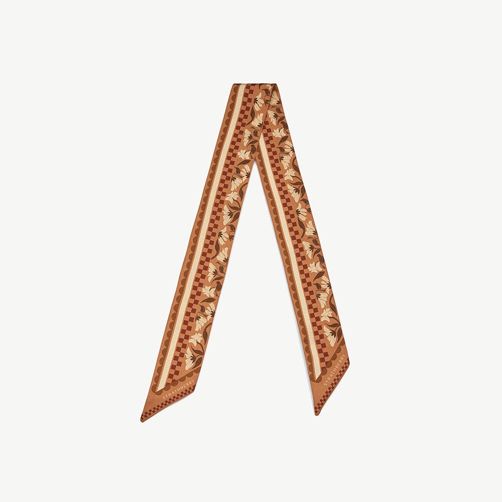 Strathberry Silk Skinny Scarf - Tan Floral Gingham Stripe