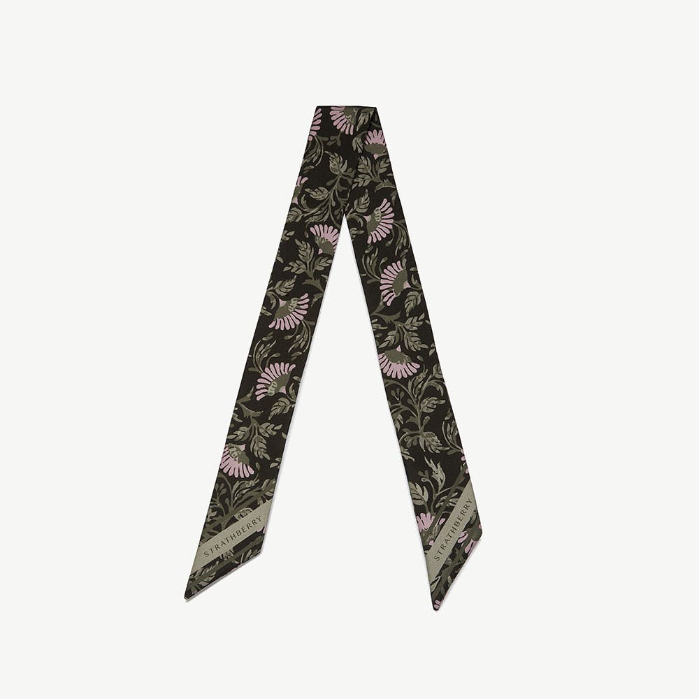 Strathberry Silk Skinny Scarf - Dark Green Thistle Print