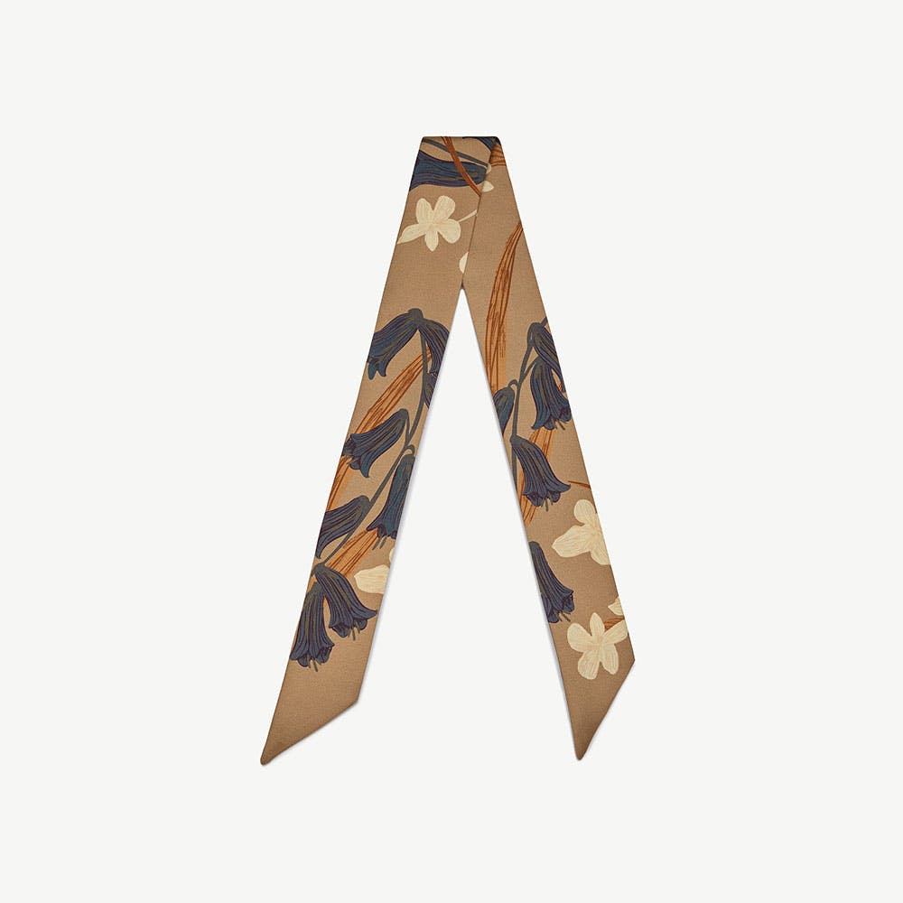 Strathberry Silk Skinny Scarf - Cognac/Butter Bluebell Floral