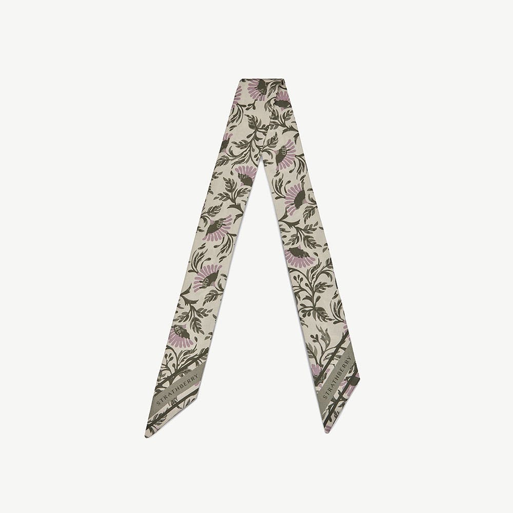 Strathberry Silk Skinny Scarf - Vanilla/Green Thistle Print