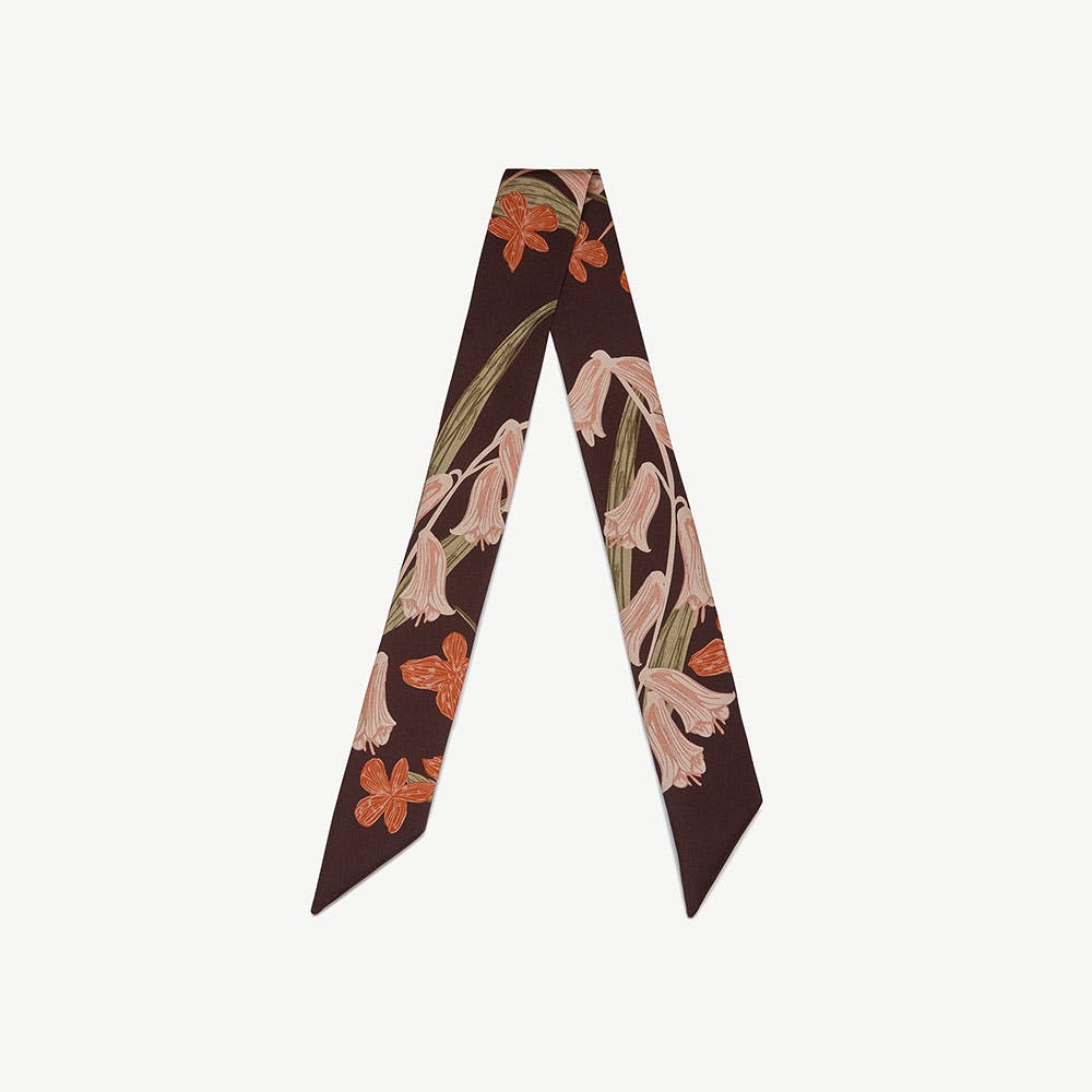 Strathberry Silk Skinny Scarf - Burgundy/Pink Bluebell Floral