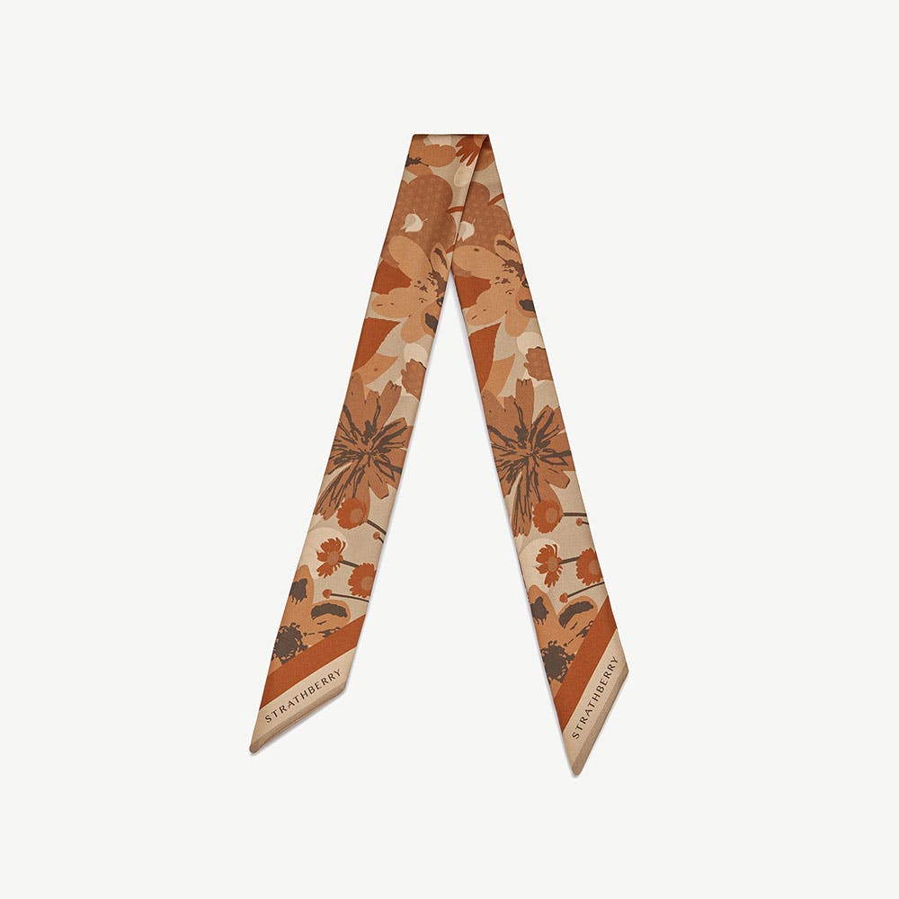 Strathberry Silk Skinny Scarf - Caramel/Tan Block Floral