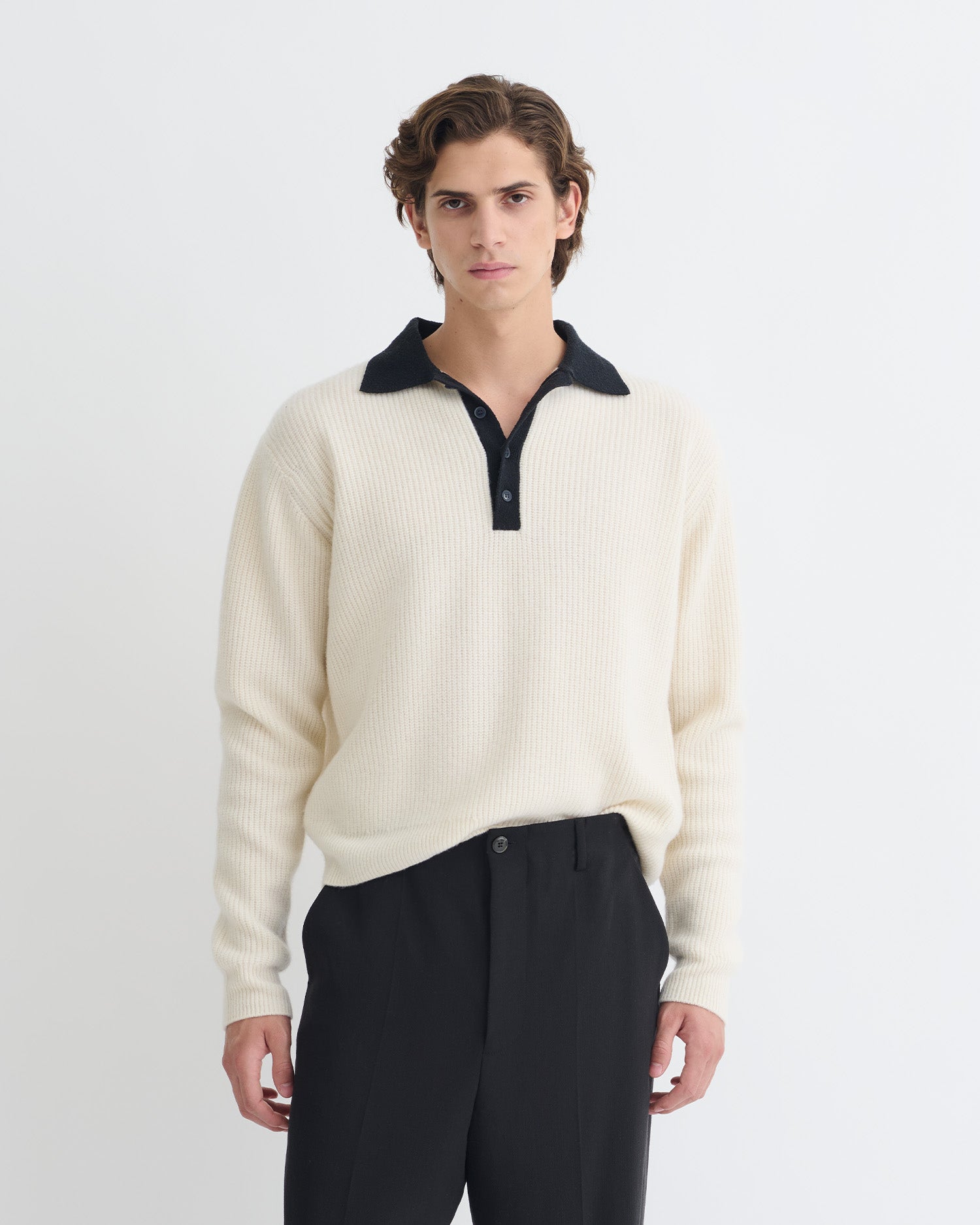 Nanushka Gregor - Merino and Terry Polo Sweater - Vintage Creme/Black
