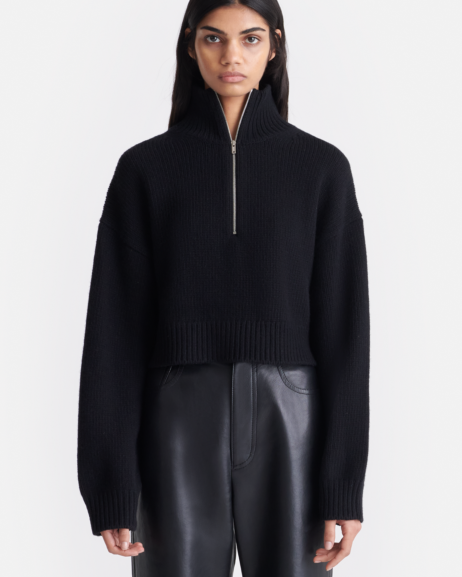 Nanushka Sonore - Cropped Quarter Zip Sweater - Black