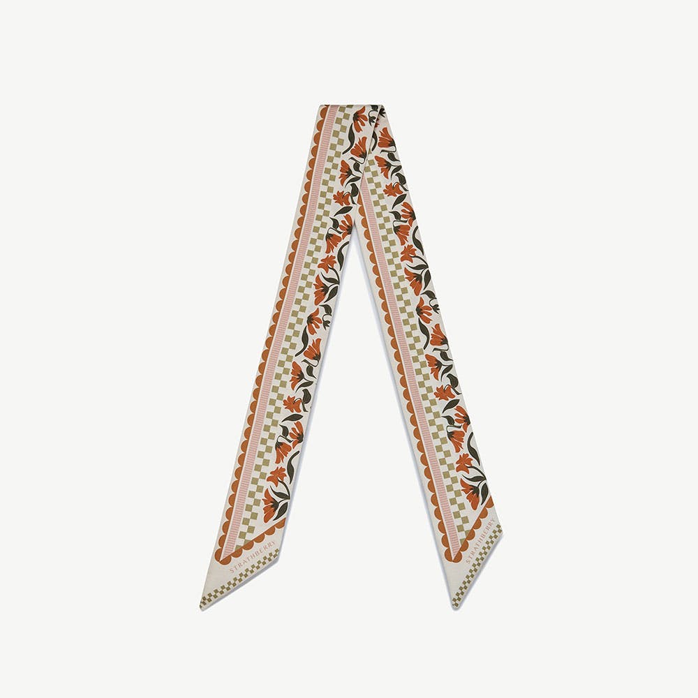 Strathberry Silk Skinny Scarf - Vanilla/Red Gingham Stripe
