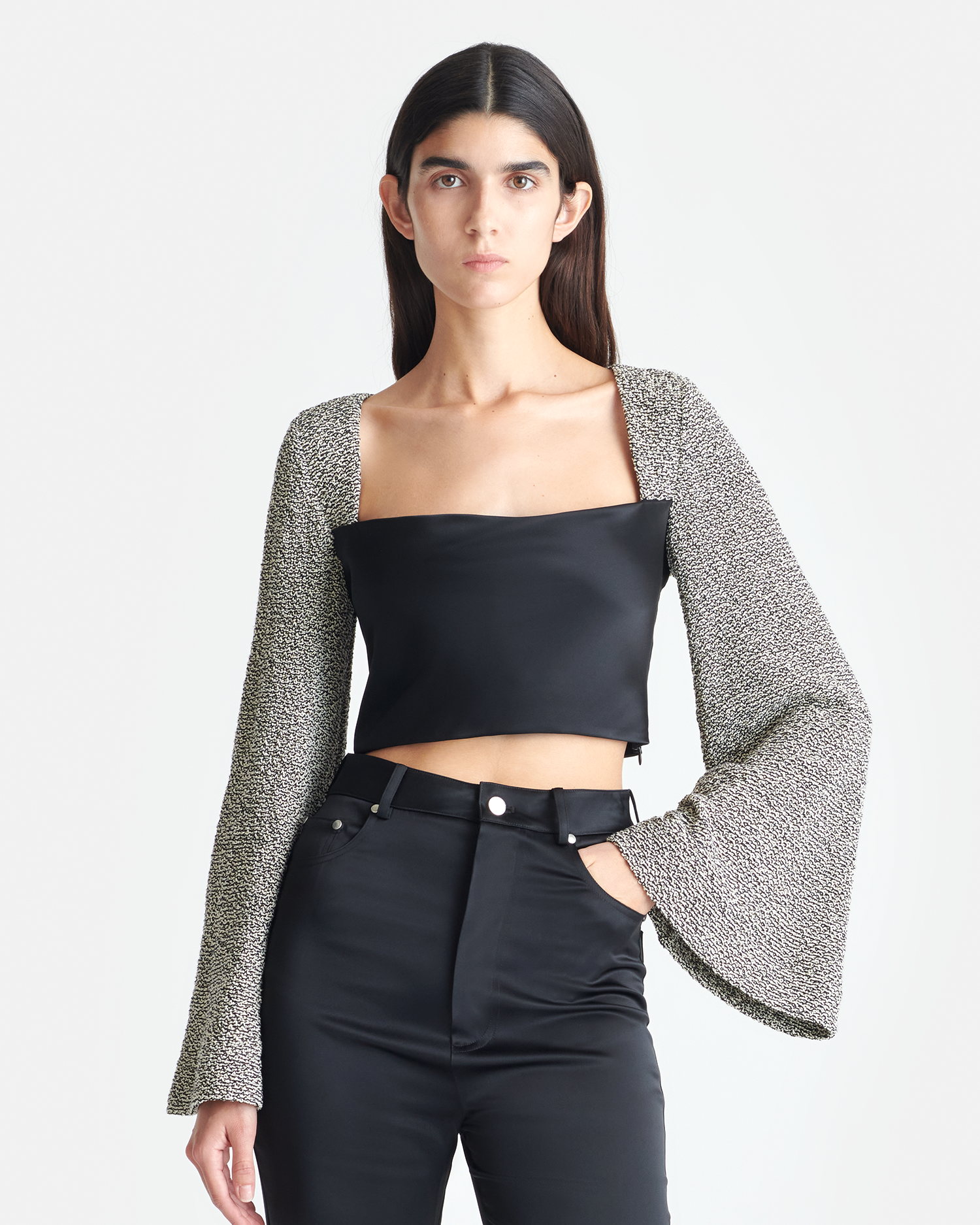 Nanushka Tasula - Slip Satin and Loopback Cotton Top - Black/Mouline